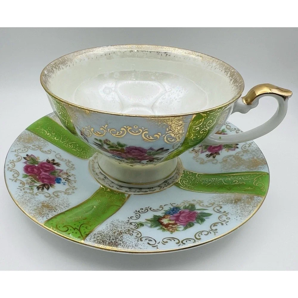 Wales Porcelain Teacup Saucer Lusterware Floral Green Gold Japan Vintage Set